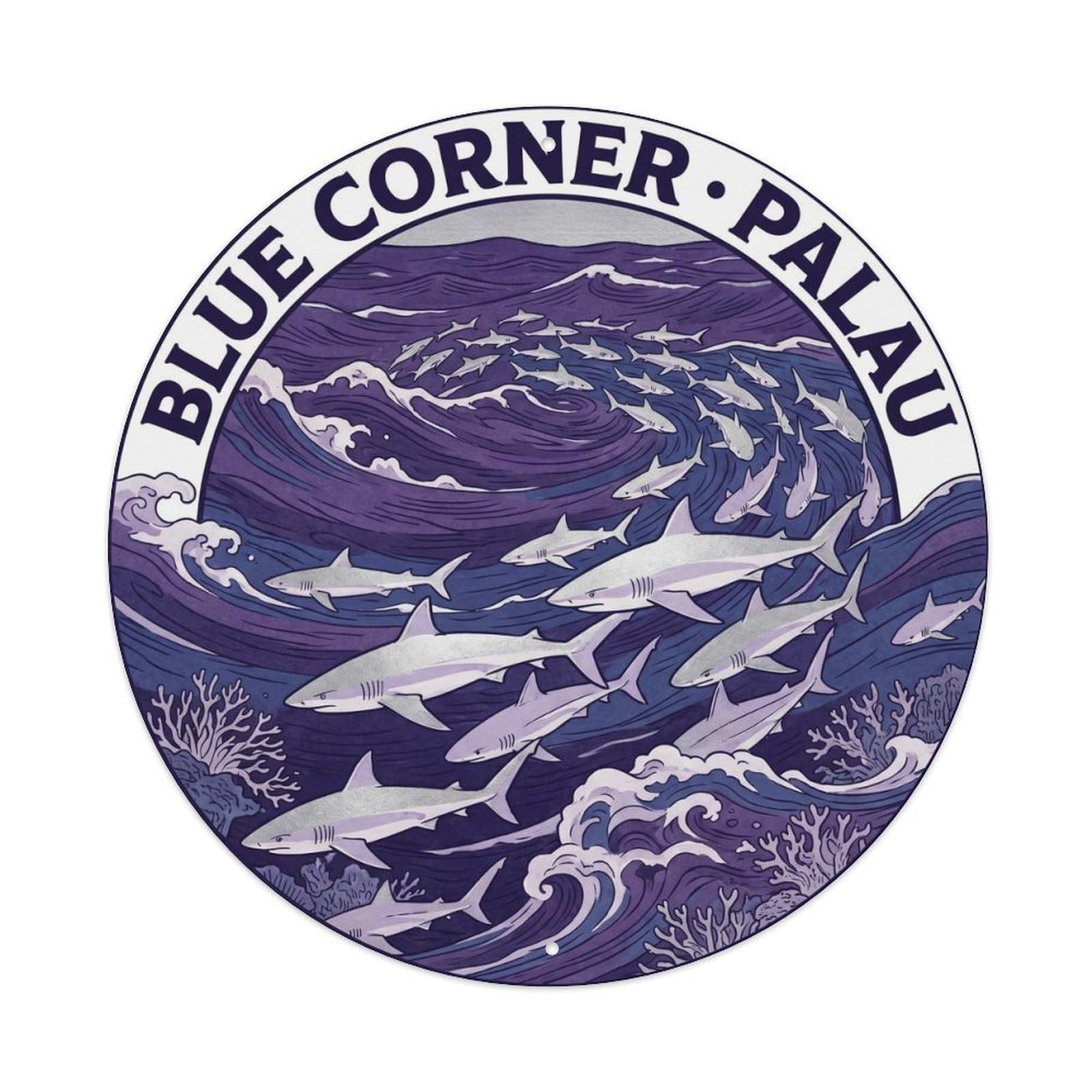 Olyhtr 8X8inch Classic Style Shark Palau Blue Corner Indigo Woodblock Reef Metal Tin Sign