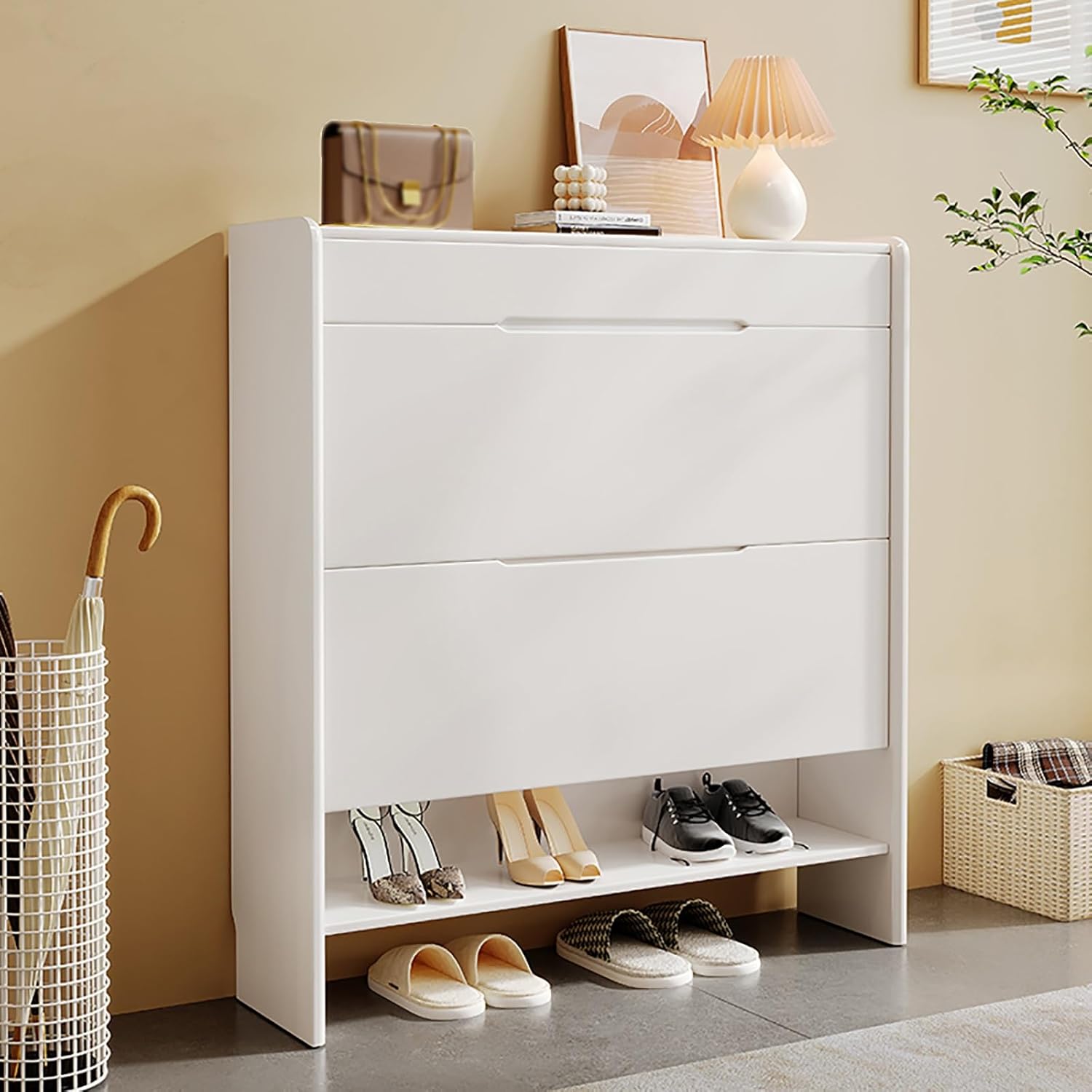 Shoe Storage Cabinet Cabinets Hallway Slim Cupboard Cupboards Hallways Slimline，Slim Shoe Rack Cabinet - Free Standing Storage Solution for Hallway & Bedroom - Creamy White Tipping Bucket De