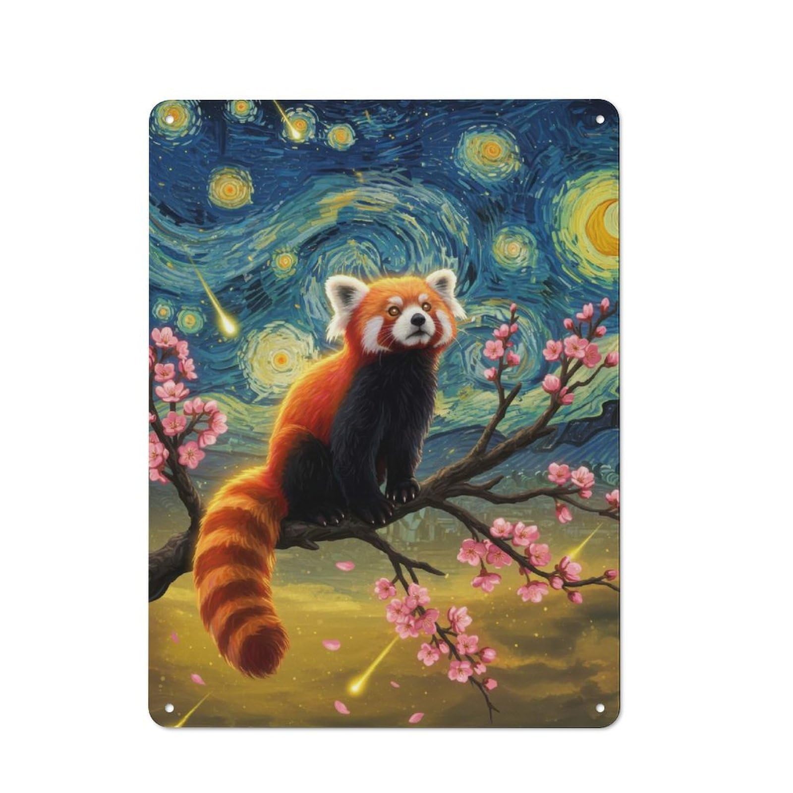 Junmoney Red Panda In Starry Night Style Metal Sign 40X30cm With For Hallway Wall, Retro Decor, Autumn Home Decor For Collectors Of Metal Signs