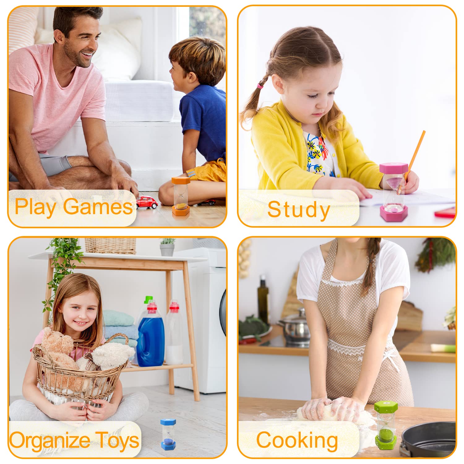 Clessidra con sabbia, timer per bambini, timer da cucina, decorazione per la gestione del tempo, clessidre colorate, perfetto in casa, classe, cucina, ufficio, giochi, 15 minuti, arancione