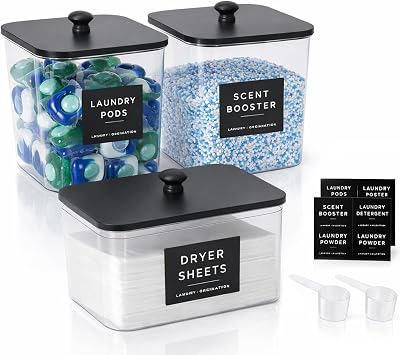 3-Piece Laundry Pods Storage Container - Washing Pods Storage, Laundry Room Organisation with Scoops & Labels, Washing powder storage Laundry Bin with lid for Bathroom, Kitchen -Black