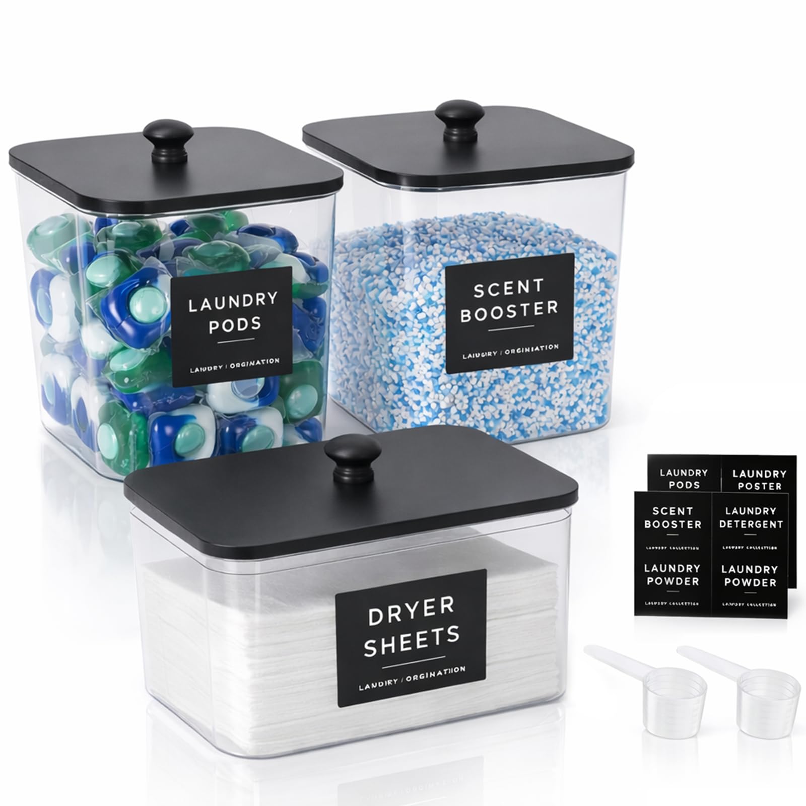 Punorric 3-Piece Laundry Pods Storage Container - Washing Pods Storage, Laundry Room Organisation with Scoops & Labels, Washing powder storage Laundry Bin with lid for Bathroom, Kitchen -Black
