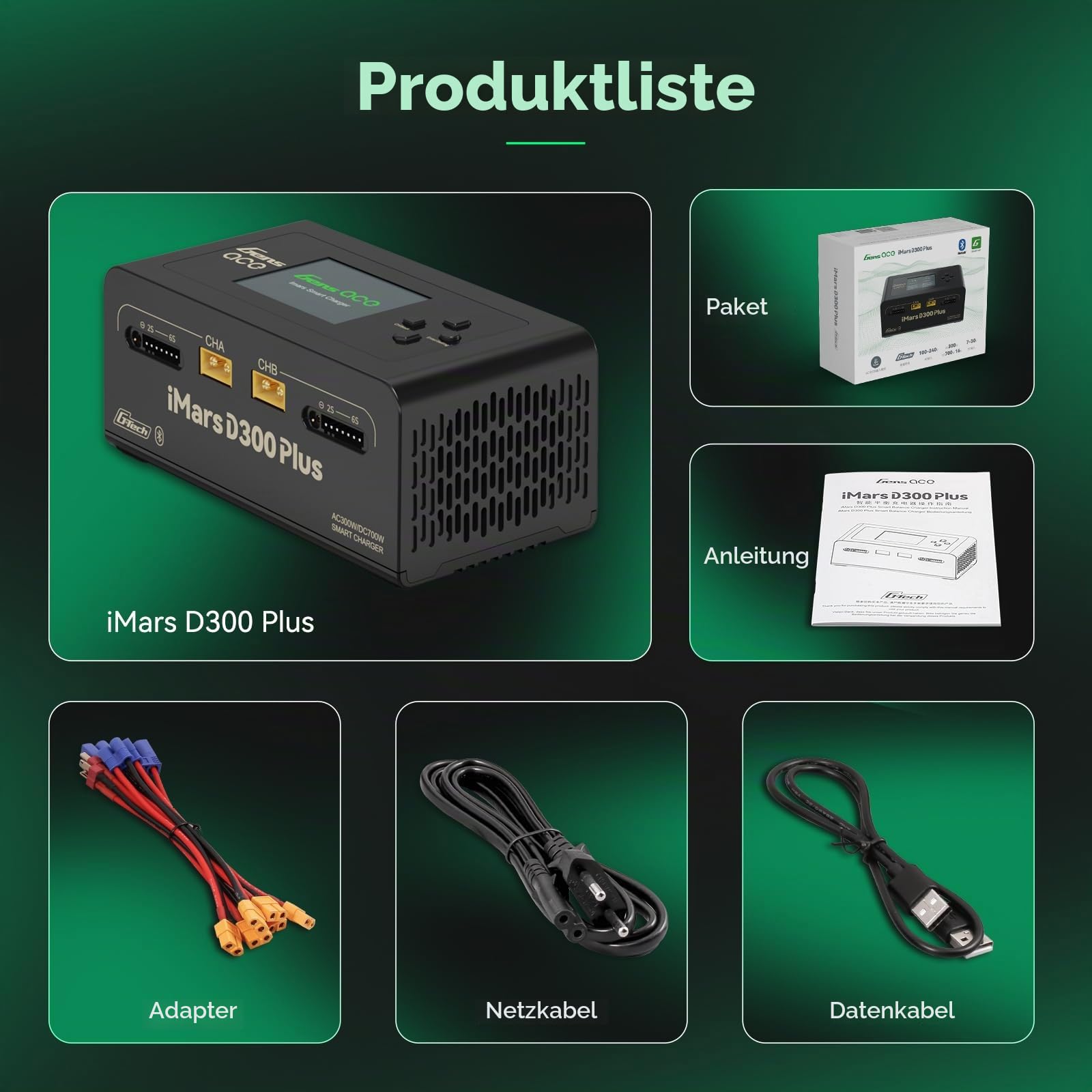 Gens ace iMars D300 Plus Bluetooth Smart Ladegerät, Dual-Channel AC/DC RC Akku Lader, AC 300W / DC 350W×2, max. 16A, für 2–6S LiPo, Schwarz