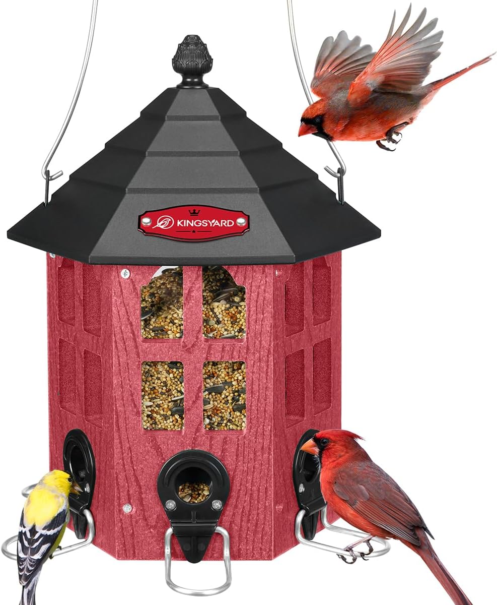 Kingsyard Large Bird Feeder Weatherproof, Squirrel-Resistant Outdoor Hanging Feeders, Recycled Plastic Hopper 3.5 lb Seed Capacity 6 Ports U-Shape Metal Perch Mesh Bottom, Red