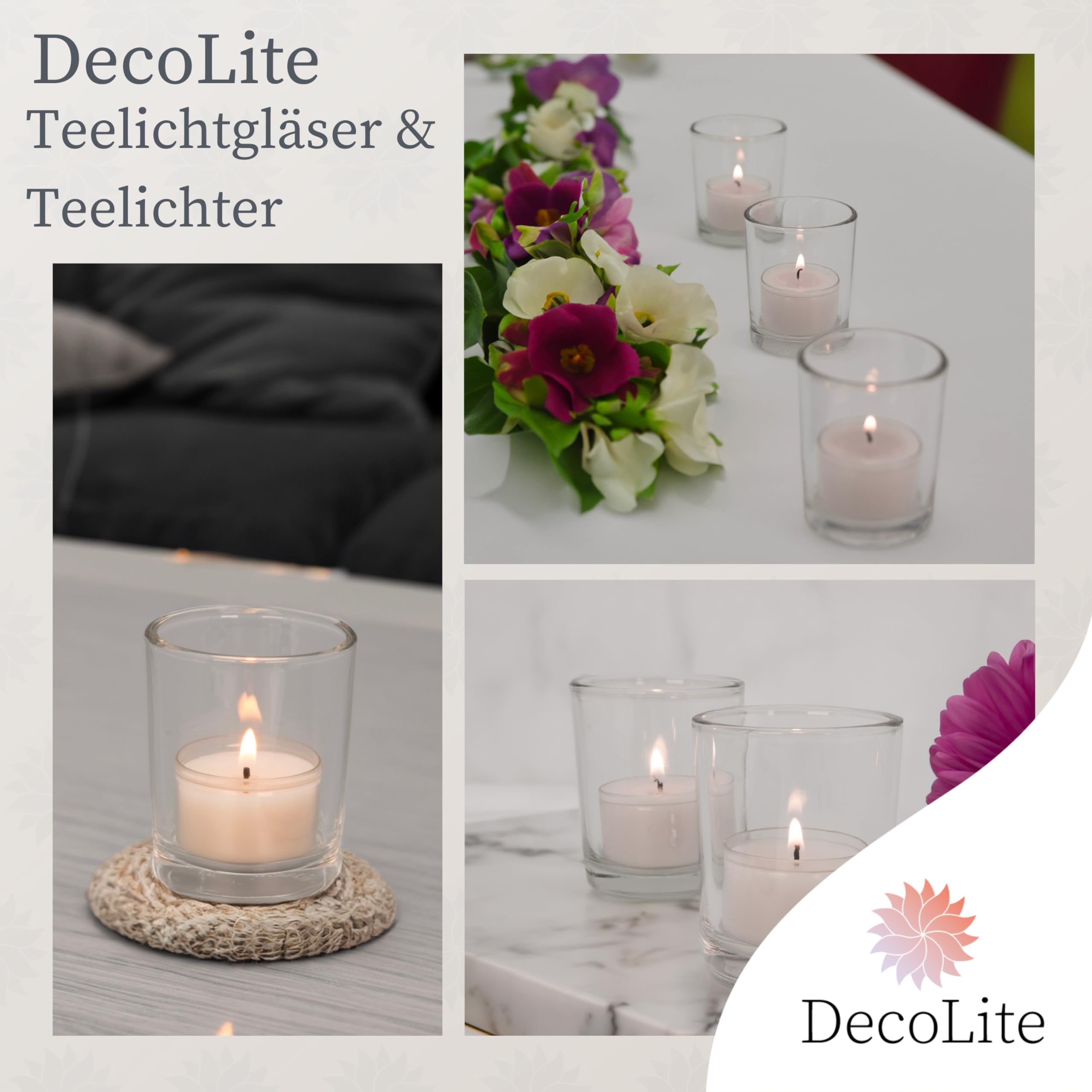 Teelichtgläser Set inkl. 50er Pack 8h Teelichter. Robuste Windlichter – Spülmaschinenfeste Tischdeko für Hochzeit, Gastronomie & Events Ø 5,5cm Gläser (48 Glashalter + 50 Teelichter)