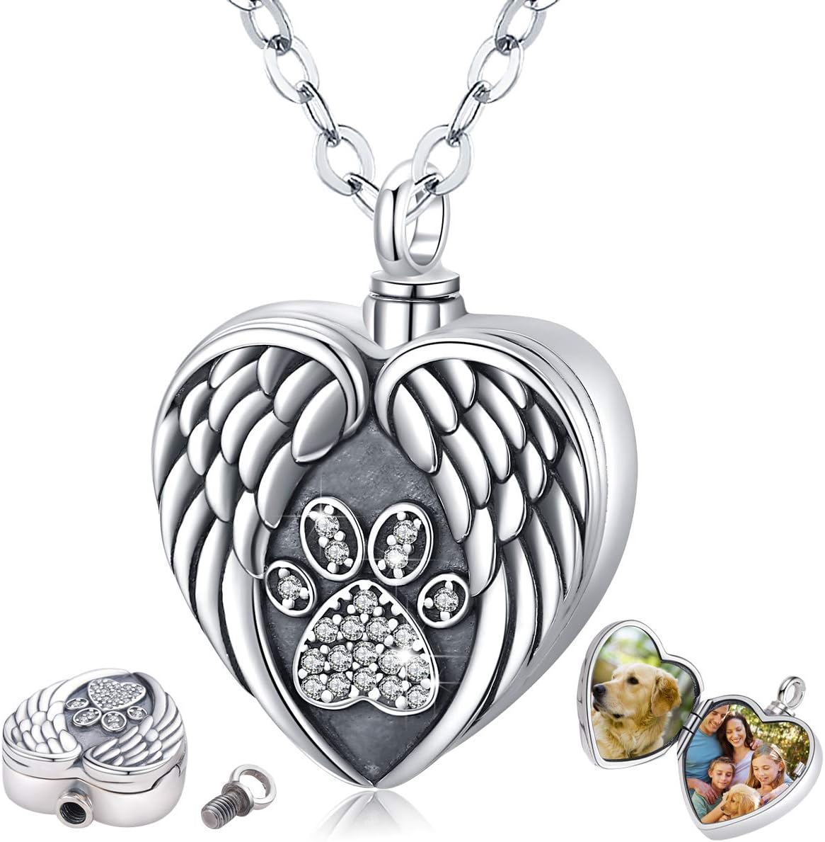 Eusense Pet Cremation Jewellery, 925 Sterling Silver Personalized Urn Necklace for Dogs Cats Ashes, Heart Keepsake with Paw, Locket Necklaces That Holds Pictures