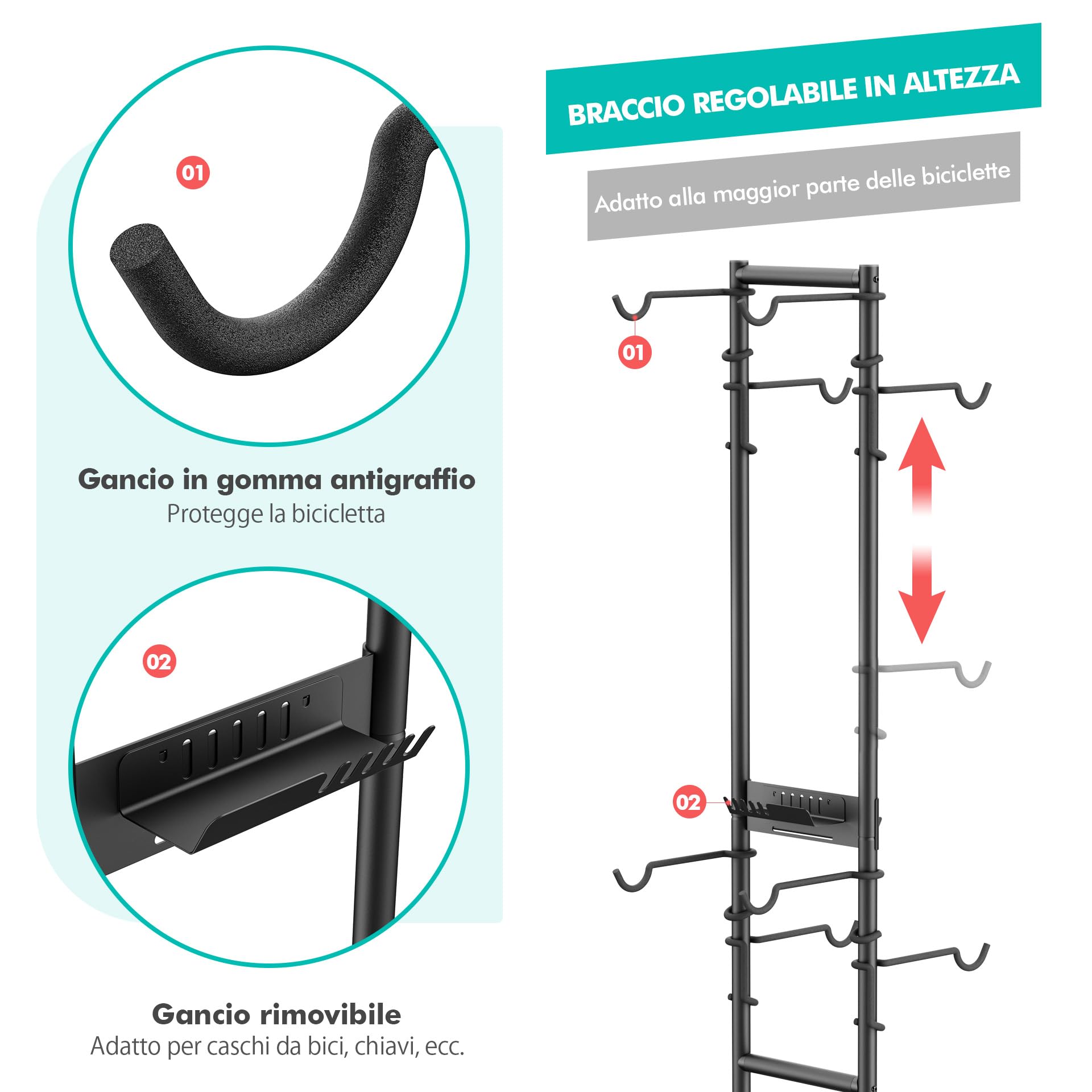 Mimoke Portabici per 4 biciclette, autoportante e senza trapano, regolabile in altezza per ruote di diverse dimensioni, robusto portabici verticale per garage, cantina e casa, con ganci per accessori