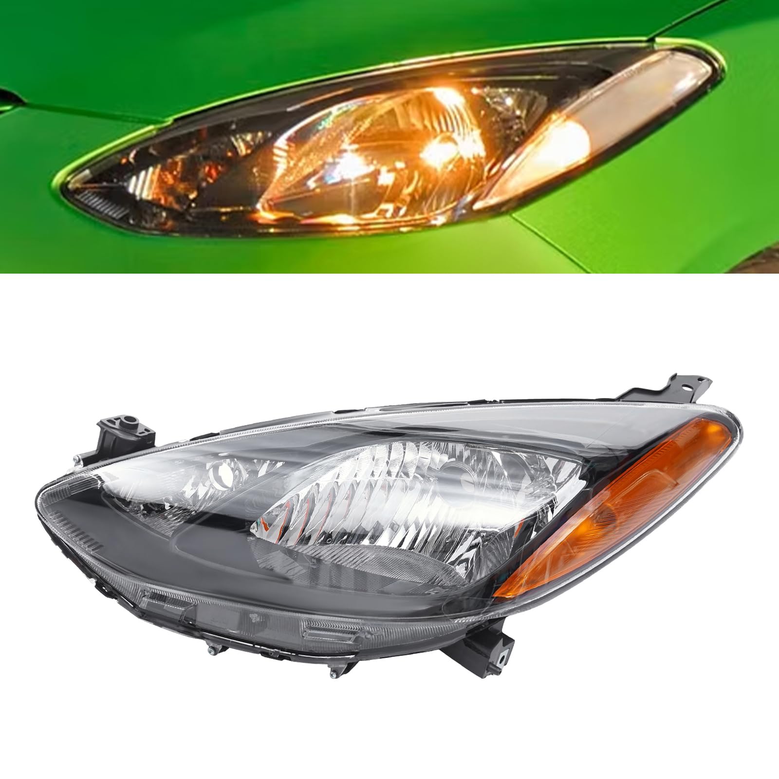 Veloqua For 2011 2012 2013 2014 Mazda 2 Halogen Left Driver Side Headlight Headlamp Assembly W/o LED DRL Replacement Black Housing Clear Lens