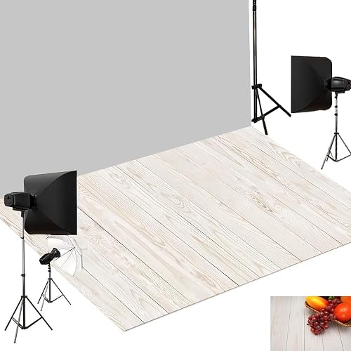 Kate White Wood Rubber Photography Floor Mat, Non-Slip Anti-Glare Photo Studio Floor Backdrop, Foldable Light Wood Grain Mat for Product & Portrait Photoshoot 8X5ft
