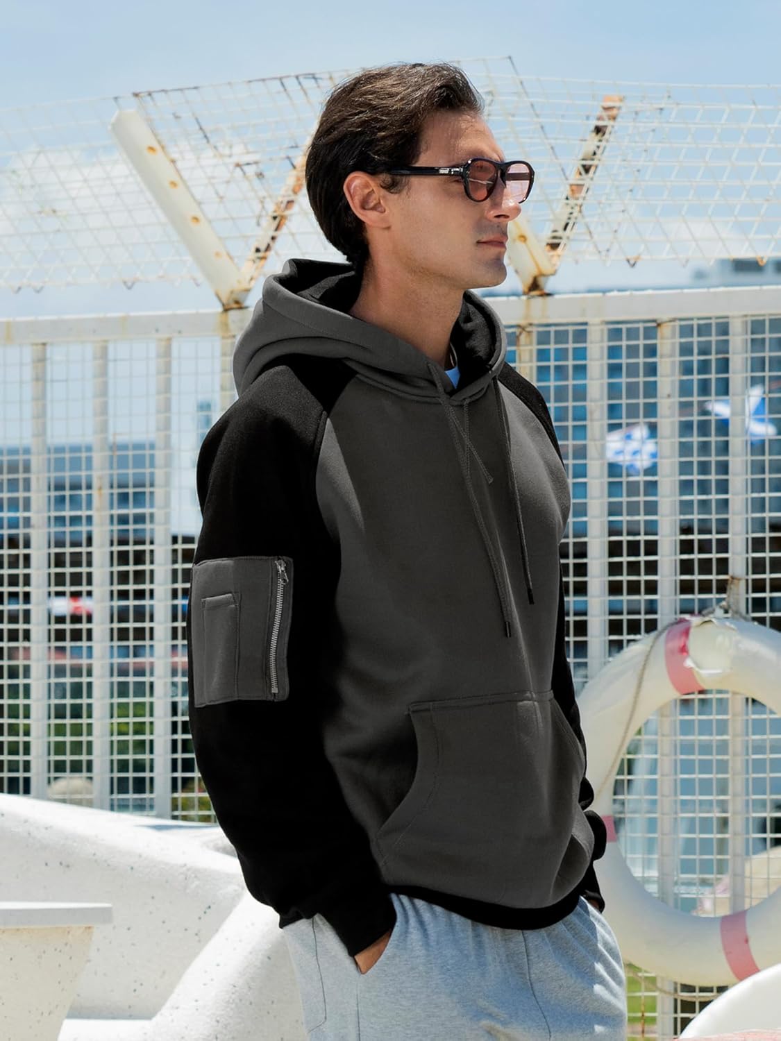 Mens Hoodies Pullover Color Block Long Sleeve Fleece Hooded Sweatshirt - Image 6