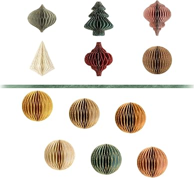 NICROLANDEE Christmas Party Decorations, 12 PCS 3D Mini Glitter Edge Paper Honeycomb Lantern Hanging Ornaments for Christmas Tree Decor, New Years Party, Home Decor