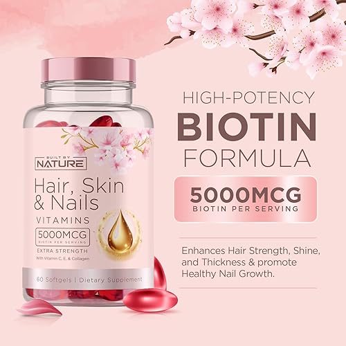 Miniatura 3 de Vitaminas para la piel y las uñas  5000 mcg de biotina con vitamina C, E, colágeno, ácido hialurónico, argán y aceite de coco  Delicioso crecimiento