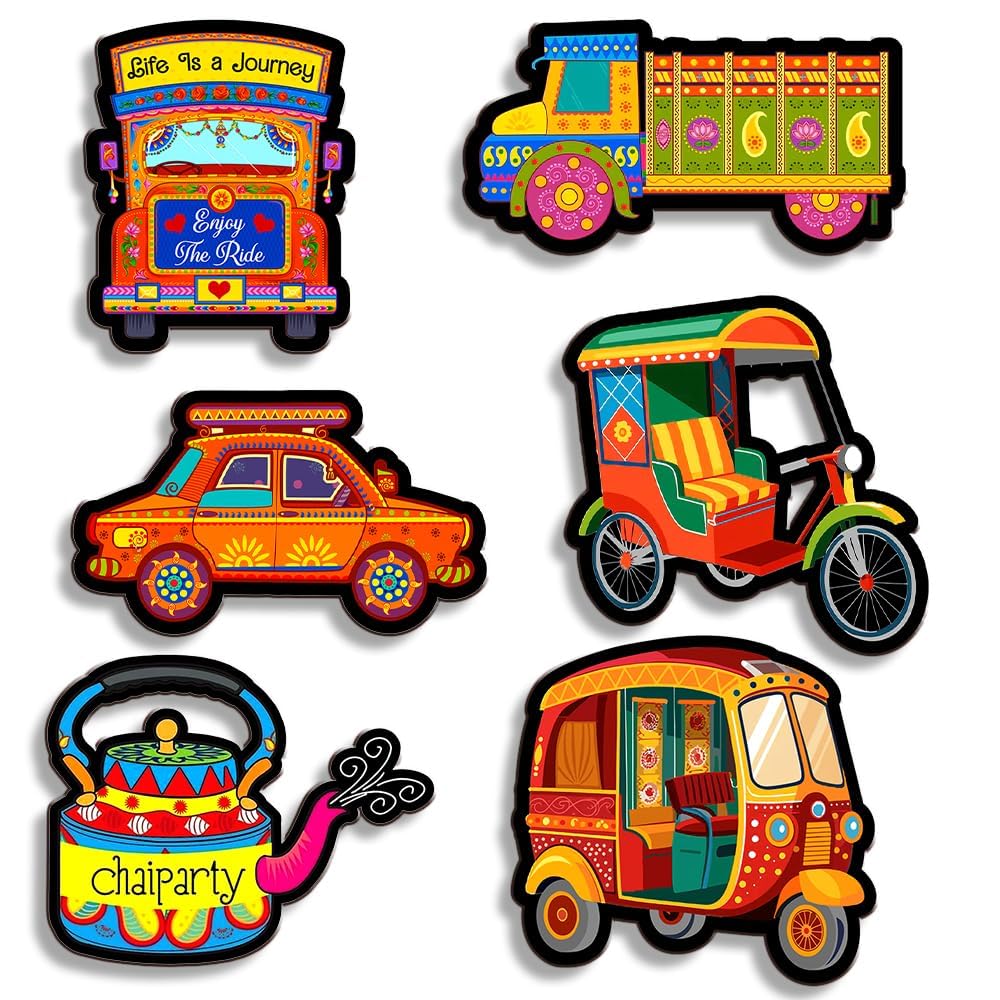Indian Truck Art Fridge Magnets, Set of 6, Multicolour | Auto Rickshaw & Bus, Chai Kettle Design, Refrigerator Decor, Vibrant Folk Art Style, Decorative Magnets-image-27