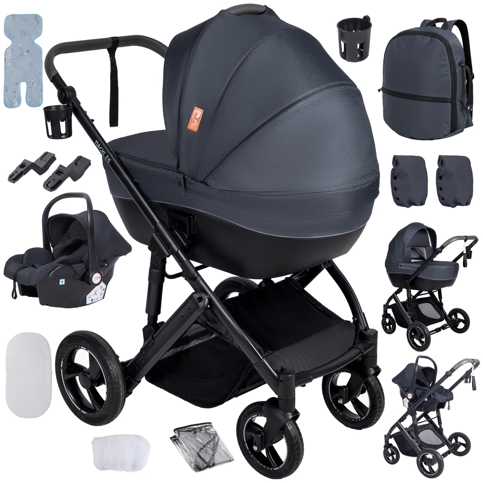 3 in 1 Travel Systems Baby Stroller with Carrycot, Sleeping Basket, Shock-Absorbing, 0-48 Months (3 in 1 Brown) — view 11
