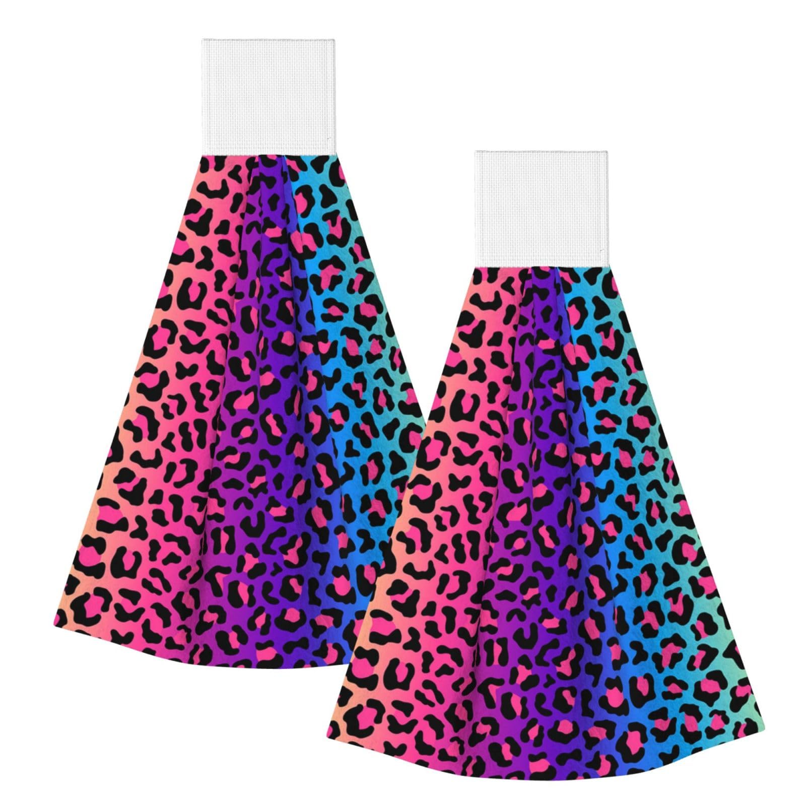 DOPKLNA Neon Color Gradient Leopard Print, 2 Pcs Hanging Coral Fiber Hand Towels for Bathroom, Absorbent Kitchen Towels