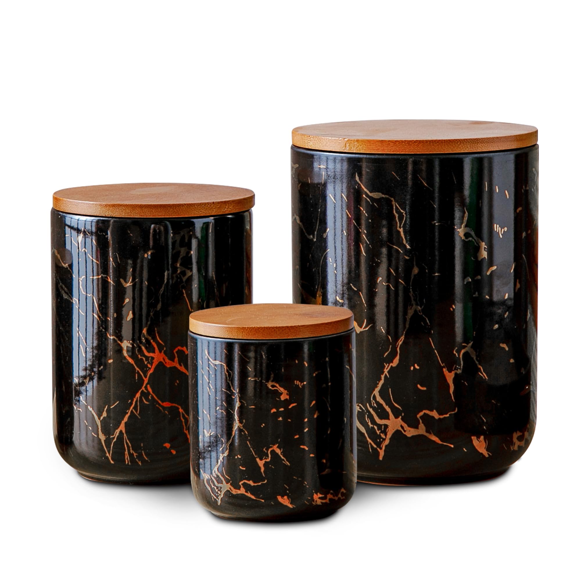 Tenforie Ceramic Canister Set with Bamboo Airtight Lids, 3-Piece Kitchen Storage Jars (48oz, 30oz, 12oz) – Black with Gold Marble Pattern, Glossy