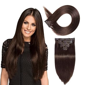 FULLY Clips in 7 Pcs Real Human Hair Extension In 50 Grams (26 inch, Dark Brown) + (free hair brush)