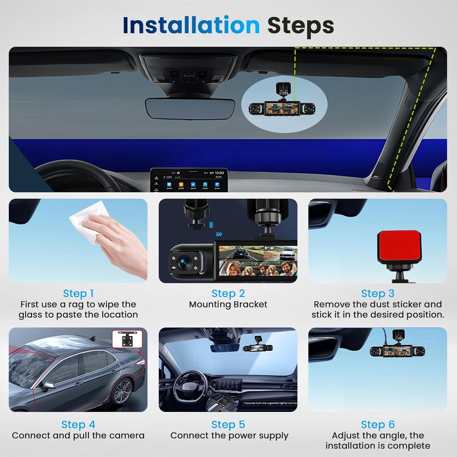 3.16-inch 1080P Dash Cam Front and Rear Inside Left/Right, 4 Channel Dash Camera for Cars, IR Lamp Night Vision Loop Recording Motion Detection Reversing Assistant Exposure Compensation+ 64GB SD Card