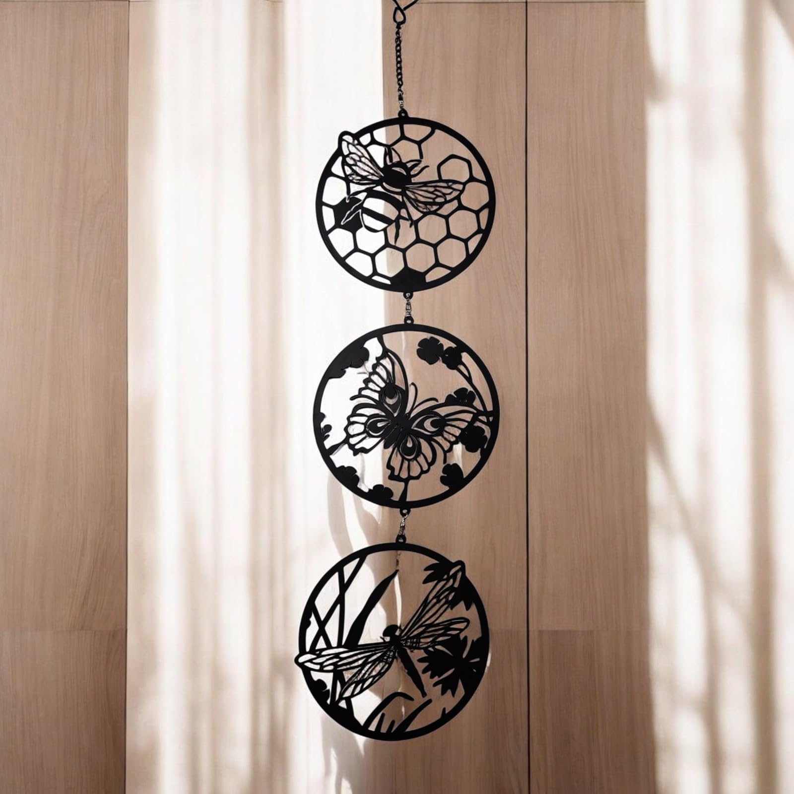 Epsom Door Handle Black Bee Silhouette Hanging Trio Spinner 60cm X 15cm Metal Kinetic Wind Spinner for Garden Home Outdoor Hanging Bee Ornament