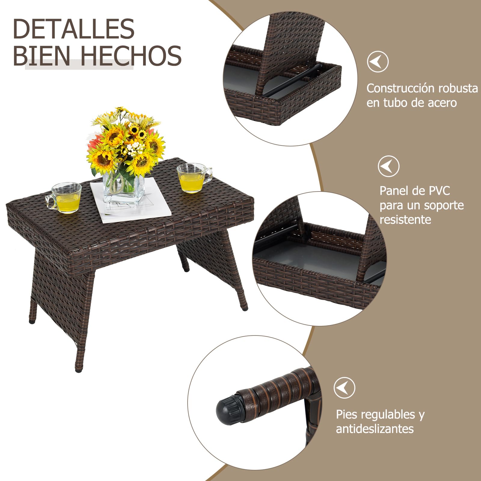 GOPLUS Mesa Baja Jardín Plegable de Ratán, Mesa Auxiliar con Estructura de Acero Resistente y Patas Ajustables, Mesa de Café sin Montaje Ahorra Espacio para Exterior Terraza Piscina, 60 x 40 x 40 cm