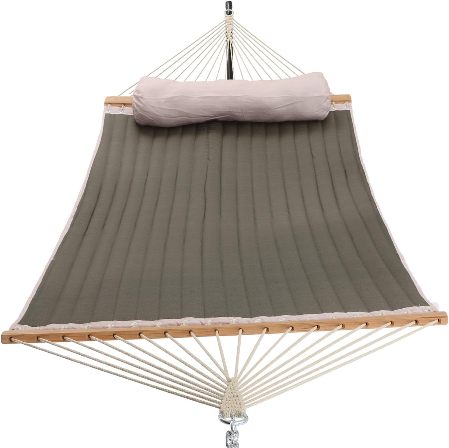 Patio Watcher Quilted Fabric Hammock with Pillow, Double Hammock with Bamboo Wood Spreader Bars, Perfect for Outdoor Patio Yard