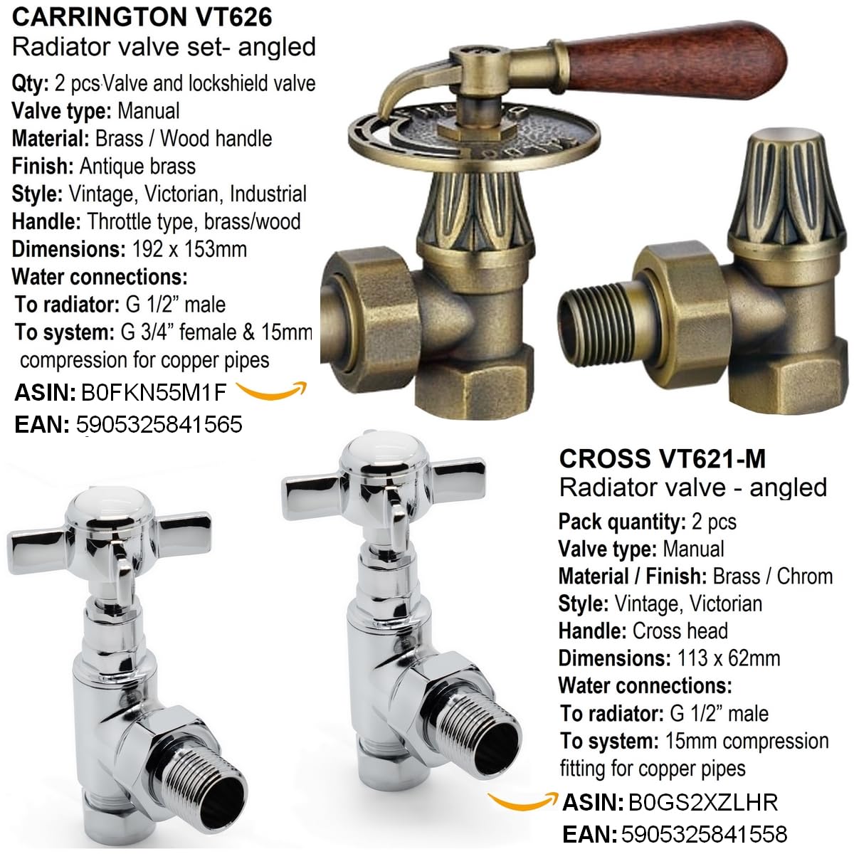 VETTO VT621-M CROSS BT Zawór Kątowy Retro, Chrom, Białe Elementy Porcelanowe, 2szt. Zawór Grzejnikowy 1/2" do Rur Miedzianych 15 mm.