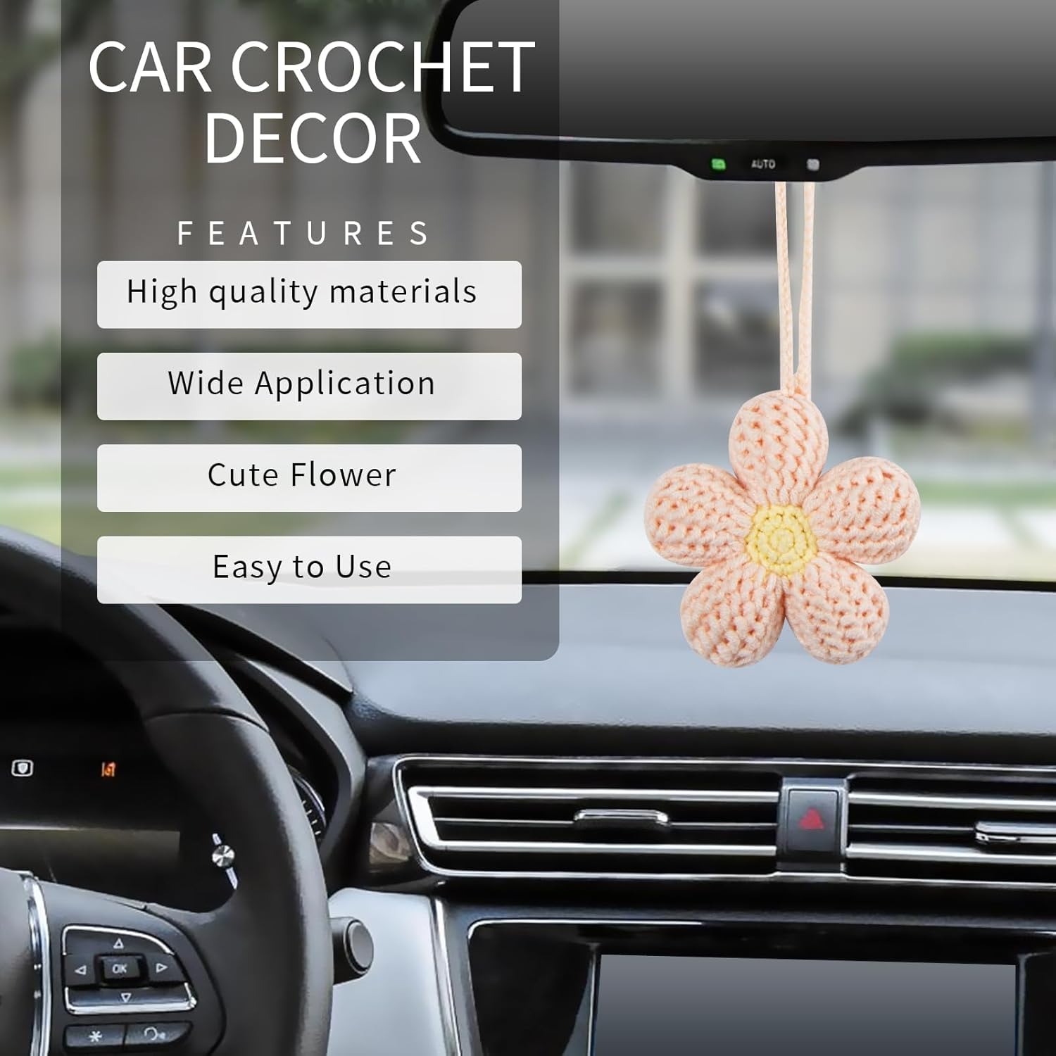 Handmade Crochet Daisy Car Mirror Hanging - Cute Car Accessories For Women, Adjustable Keychain Decor