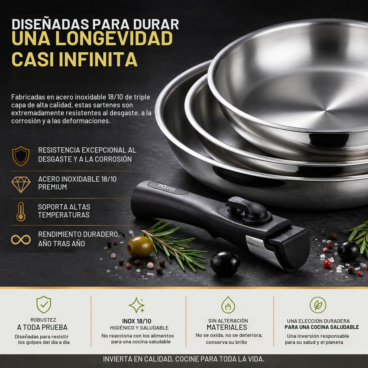 Juego de 3 sartenes de acero inoxidable 18/10 con mango extraíble – Sin PFAS, sin PTFE, sin PFOA – Compatible con inducción, horno y lavavajillas – Estufas apilables 20/24/28 cm – Cocina natural