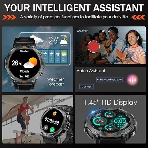 Miniatura 8 de Reloj inteligente militar para hombre con linterna LED de 1.45 pulgadas, resistente 3ATM, resistente al agua, reloj inteligente con más de 100 modos