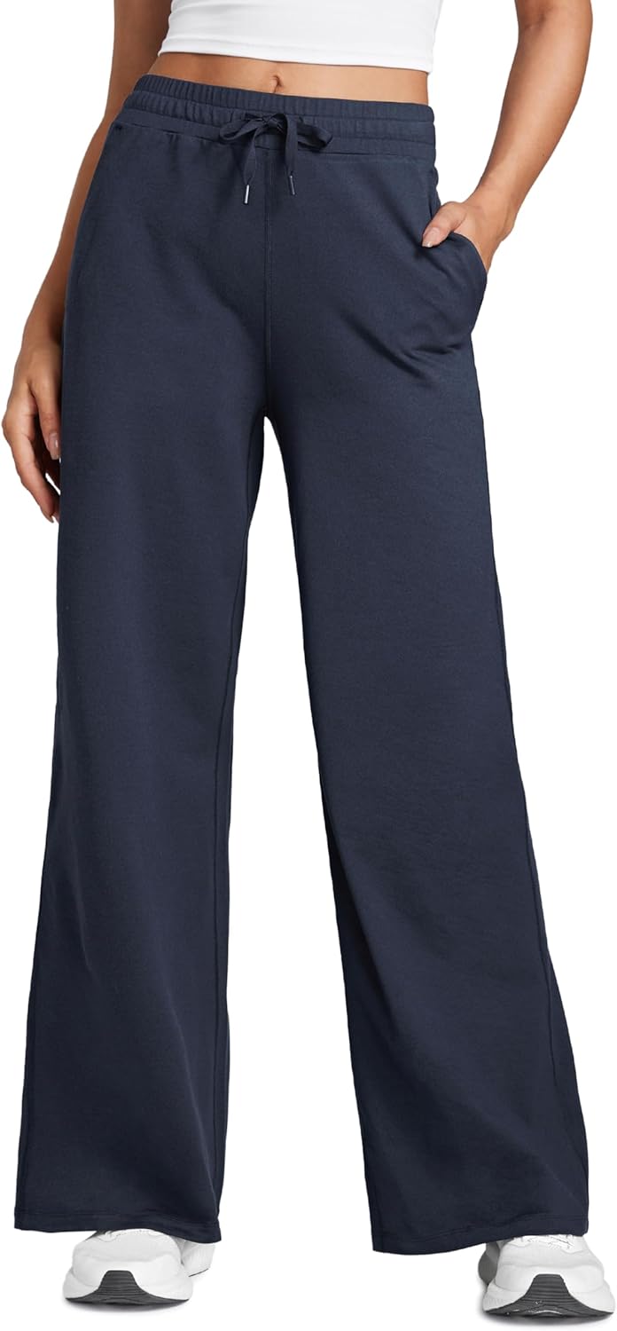 CRZ YOGA Cloud Jersey Wide Leg Sweatpants Women 30" High Waisted Casual Lounge Pajama Travel Pants with Pockets Navy Medium