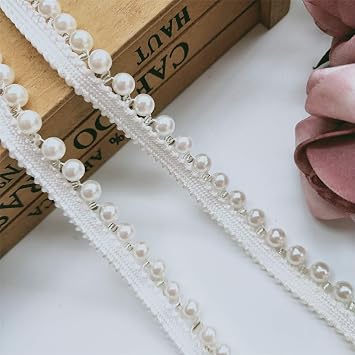 2 Meters Pearl Beaded Lace Trim Ribbon Edge Grosgrain Tape 1/2 inch Width Vintage Style White Edging Trimming Fabric Embroidered Applique Sewing Craft Wedding Bridal Dress Sash Belt DIY GiftStyle 1