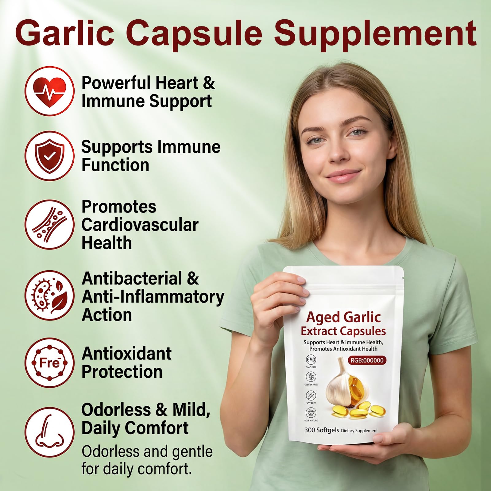 Aged Garlic Extract Capsules 7500mg Odorless – 300 Count Aged Garlic Supplement for Heart & Immune Support, 15:1 Concentrated Garlic Pills, Organic, Non-GMO, Vegetarian Softgels (1 PCS) — view 4