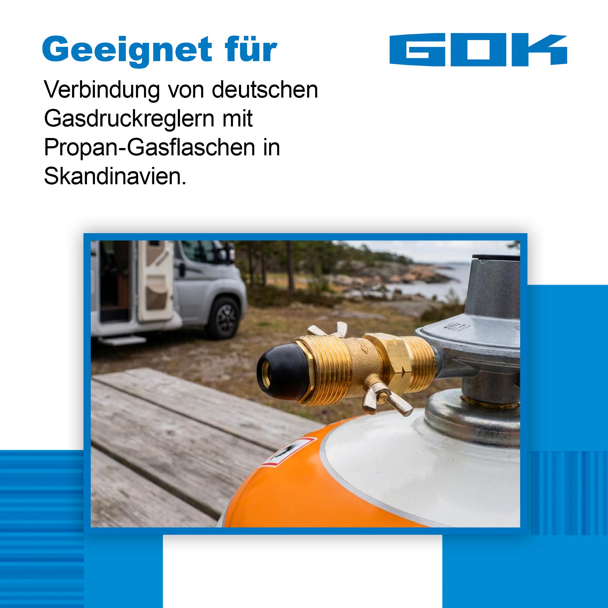 GOK Gasadapter Skandinavien, Euro Übergangsstück für Gasflasche, aus Messing, Gasflaschen-Adapter AG KLF (G.12) x AG POL weich mit Flügelschraube (G.10)