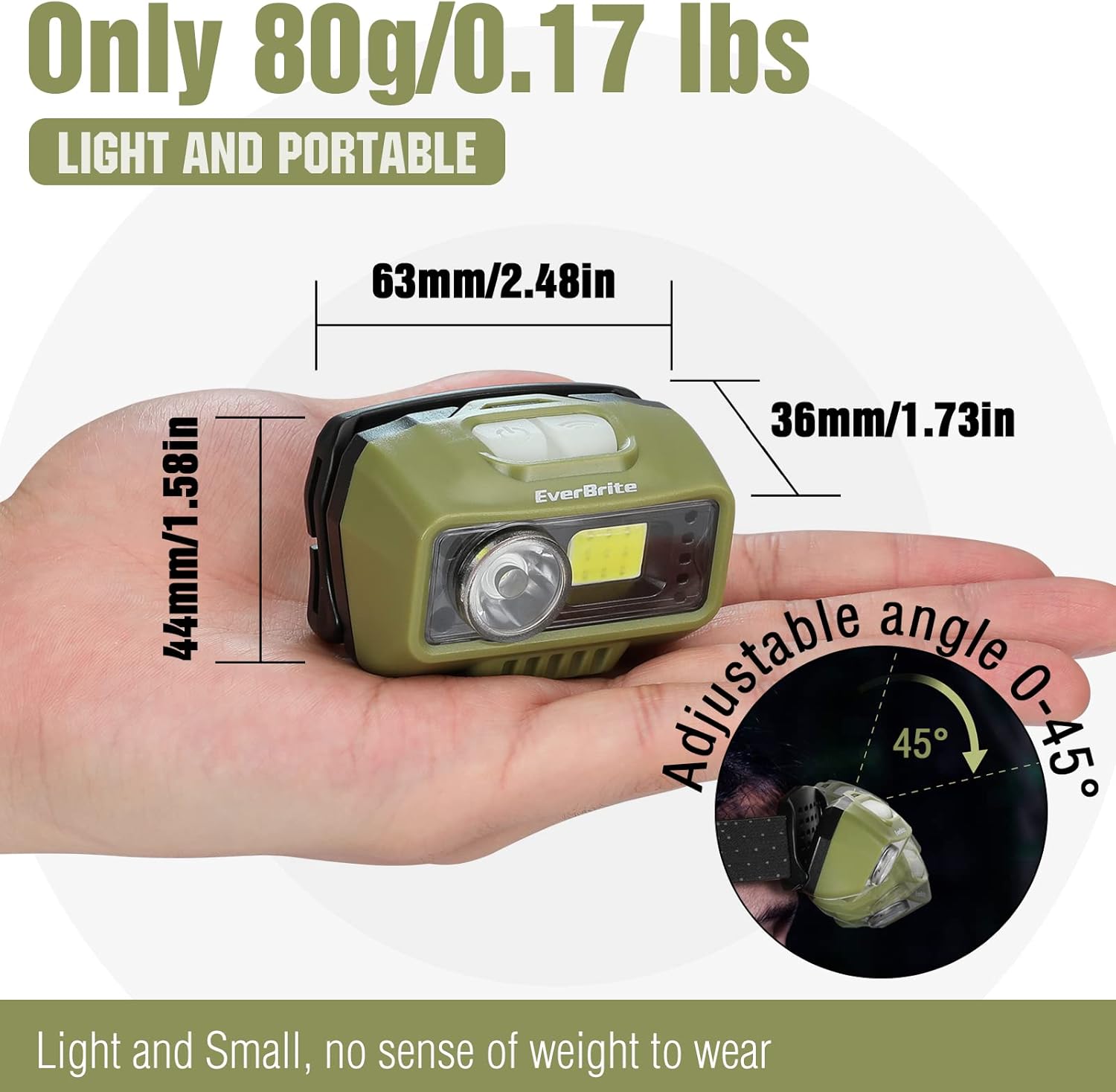 EverBrite headlamp held in a hand, showing its compact size and the 0-45 degree adjustable angle feature.