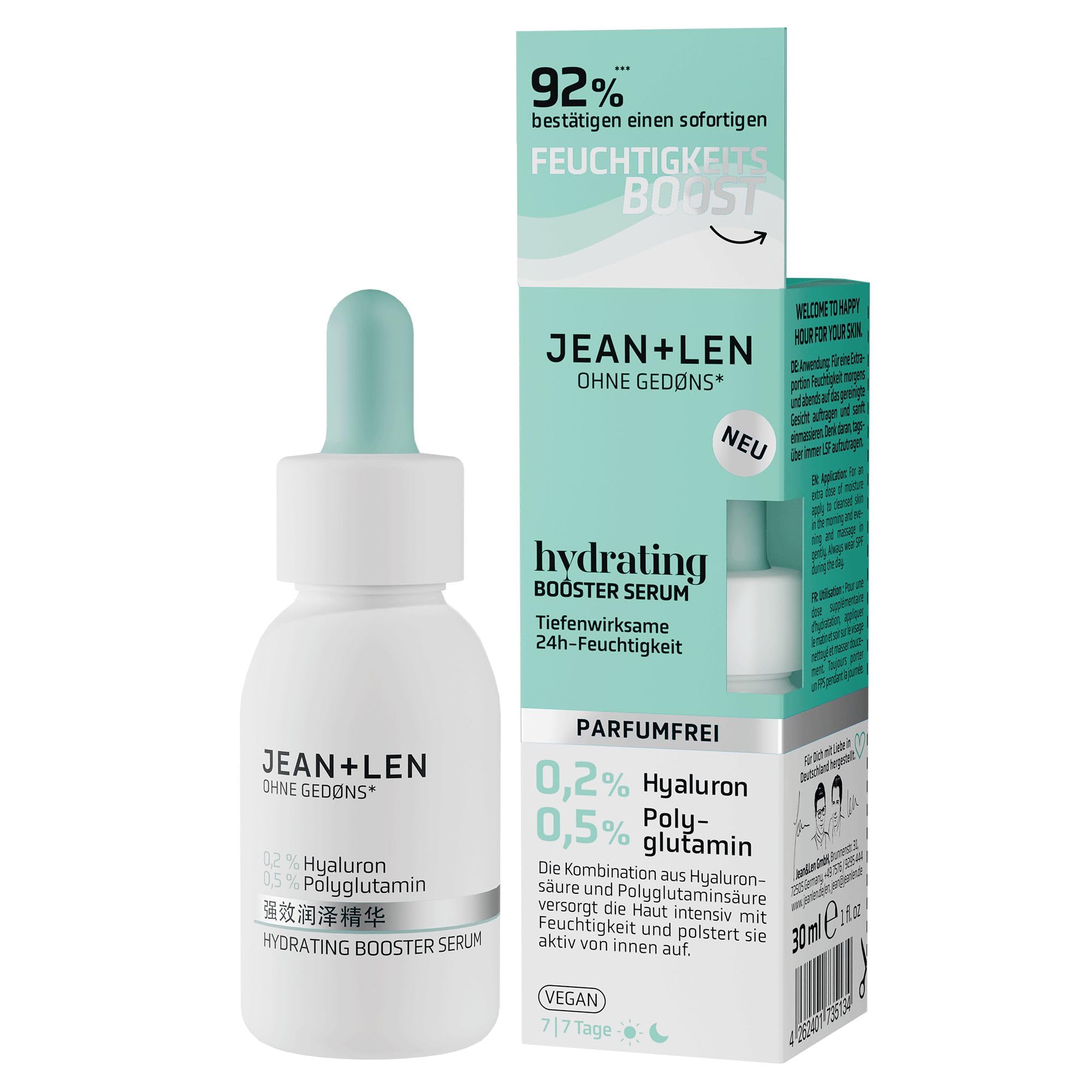 Jean & Len Hydrating Booster Serum, ideal für jeden Hauttyp, tiefenwirksame 24h-Feuchtigkeit, parfümfreies und leichtes Gesichtsserum, vegan, 30 ml
