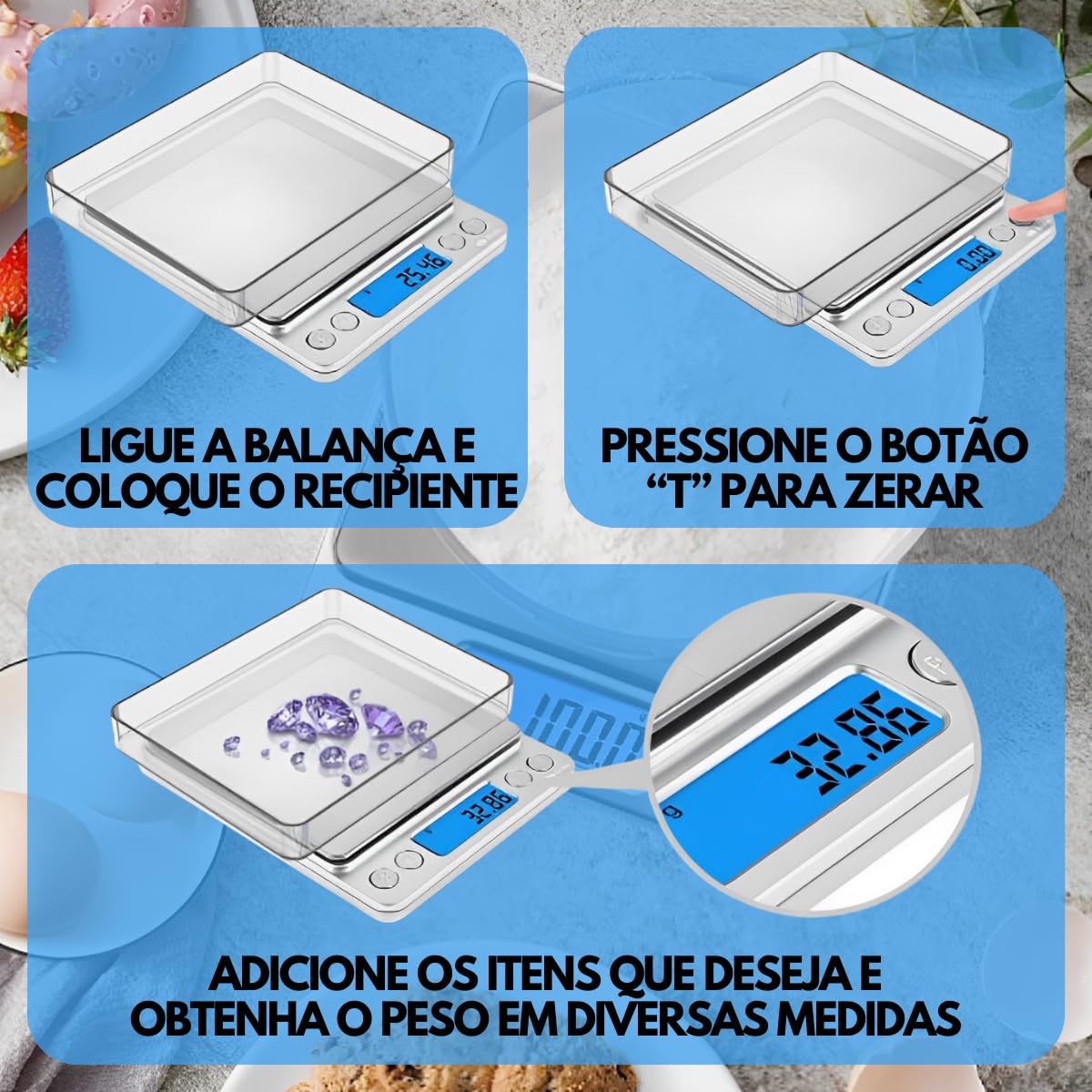 Balança Digital de Precisão 0,1g até 2kg Com Visor Luminoso, Sensores de Alta Precisão e Pesagem em Diferentes Unidades de Medidas Com 2 Bandejas e Pilhas Balança Digital de Precisão 0,1g até 2kg Com Visor Luminoso, Sensores de Alta Precisão e Pesagem em Diferentes Unidades de Medidas Com 2 Bandejas e Pilhas