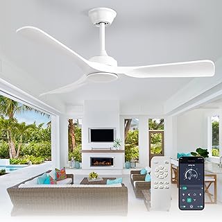 Ceiling Fan Without Light: 52 Inch Outdoor Fan with Remote App Control for Patio Porch - White Ceiling Fan no Light for Indoor - 3 Blade Fan Reversible 6 Speed Quiet