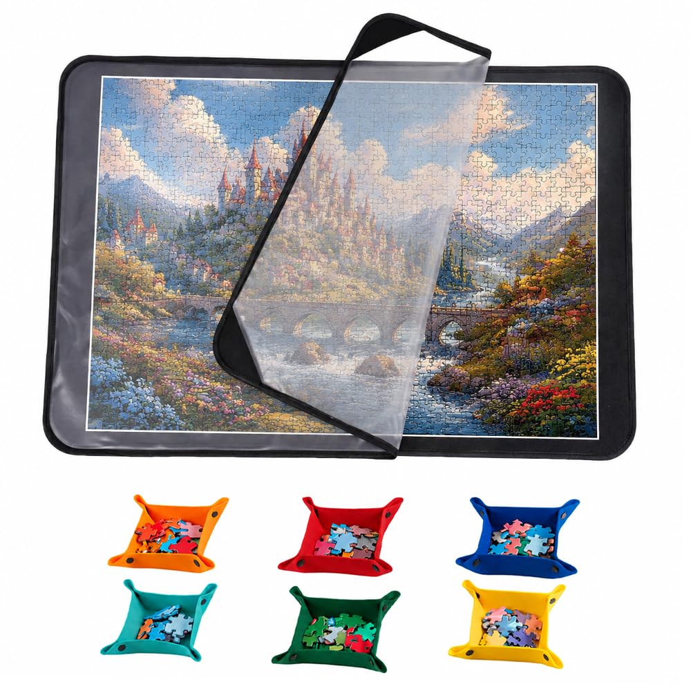 XPJBKC Jigsaw Puzzle Board, Felt Jigsaw Board, 32 x 22in Puzzle Mat for 500/1000 Pieces, Non-Slip Foldable Felt P-uzzle Accessories with 6 Sorting Trays 1 Cover for Easy Move and Store (Black)