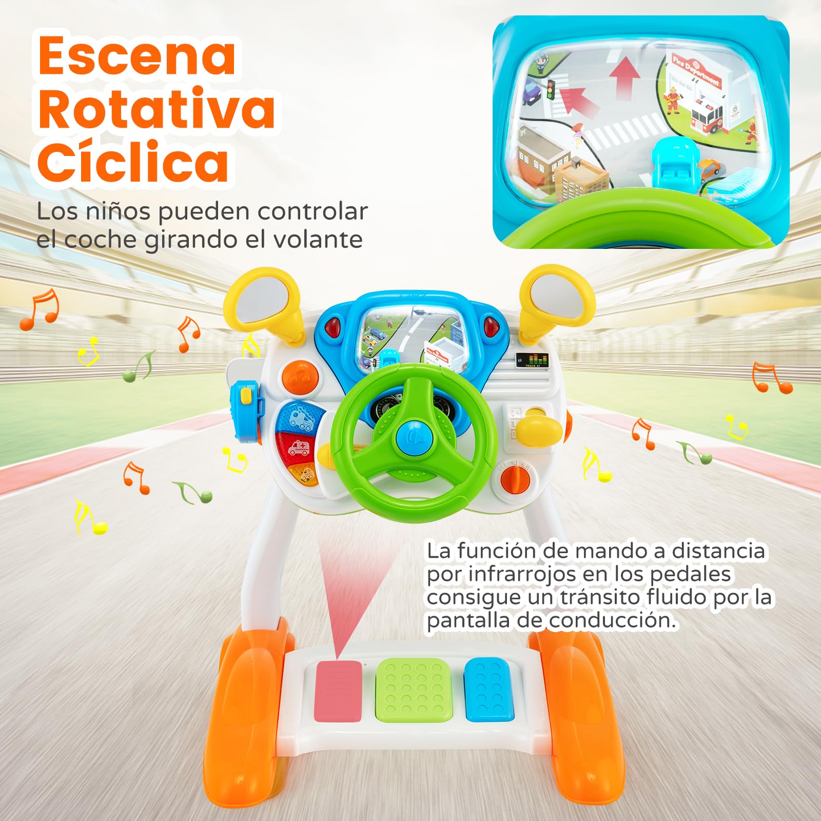 RELAX4LIFE Volante Juguete con Pantalla, Taburete, Efectos Luz y Sonido, Música, Claxon, Pedales y Intercomunicador, Volante Niños de ABS con Velocidad Ajustable, Juguete para Niños 3+ Años, Colorido