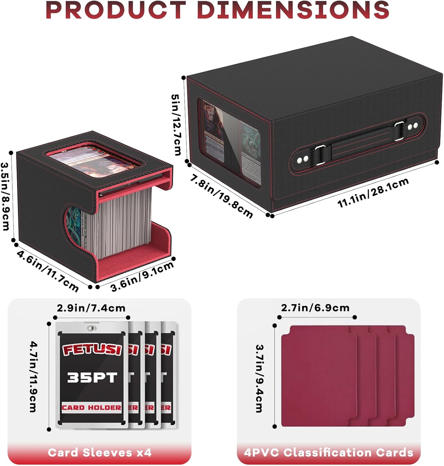 Commander Deck Box for MTG Fits 400+ Double-Sleeved Card Storage, 4 IN 1 Removable Card Case with Multi-purpose Deck Case, Display Window for TCG/PTCG/EDH, 4 Magnetic One Touch Holders(Black Red)