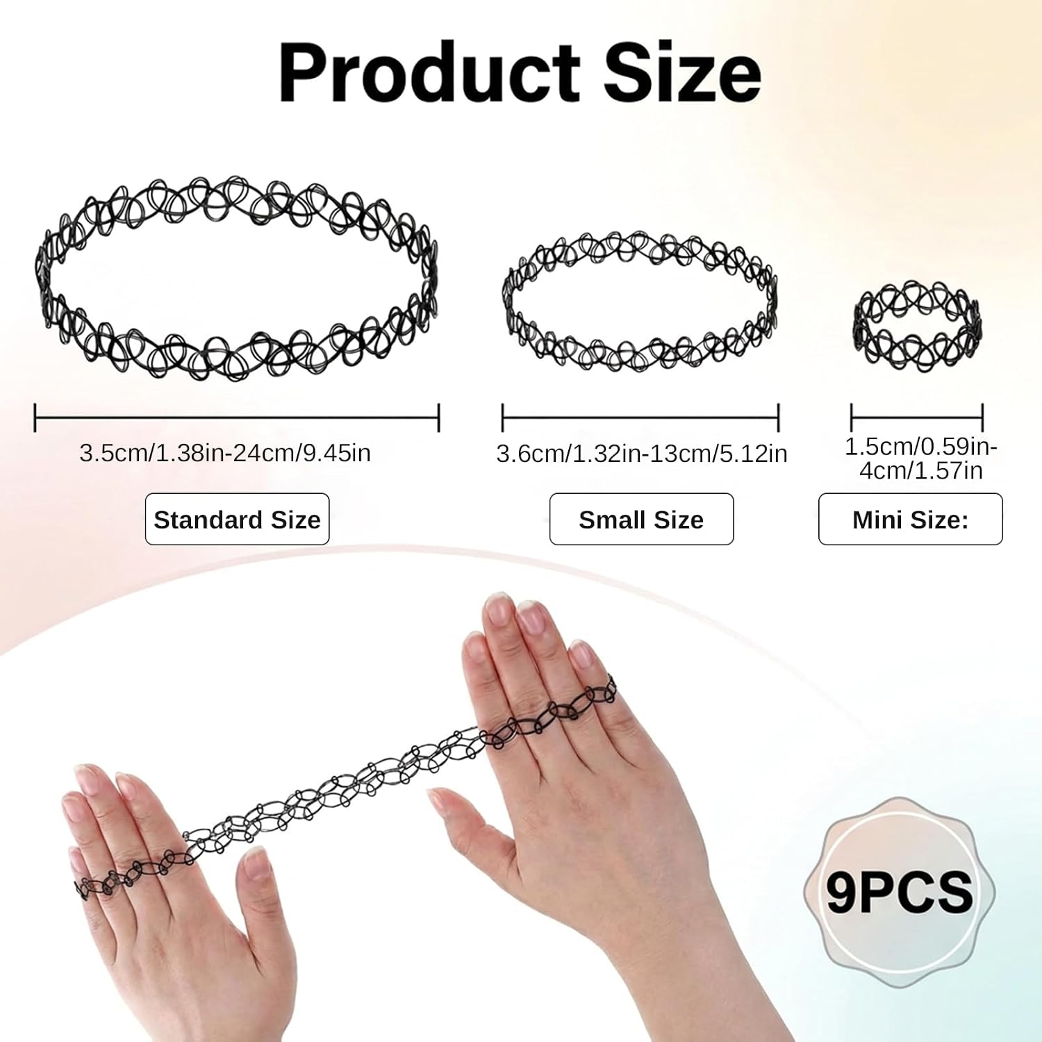 9 PCS Black Tattoo Choker Jewelry Set, Elastic Stretchy Adjustable Gothic Y2K Vintage 90s Grunge Lace Necklace Bracelet Ring Fashion Accessories for Women