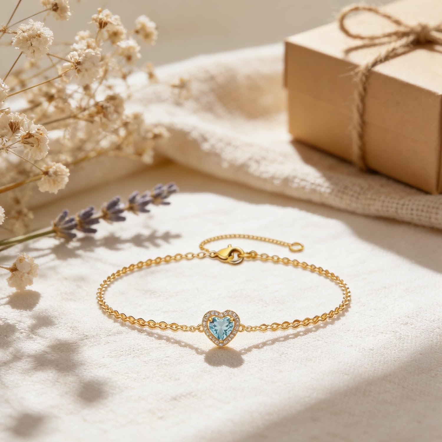 18K Yellow Gold Heart/Round Birthstone Bracelet Adjustable 12 Months Heart/Round Birthstone Bracelet Birthday Christmas Jewelry Gifts for Women Mom Her,with 7"+2" chain