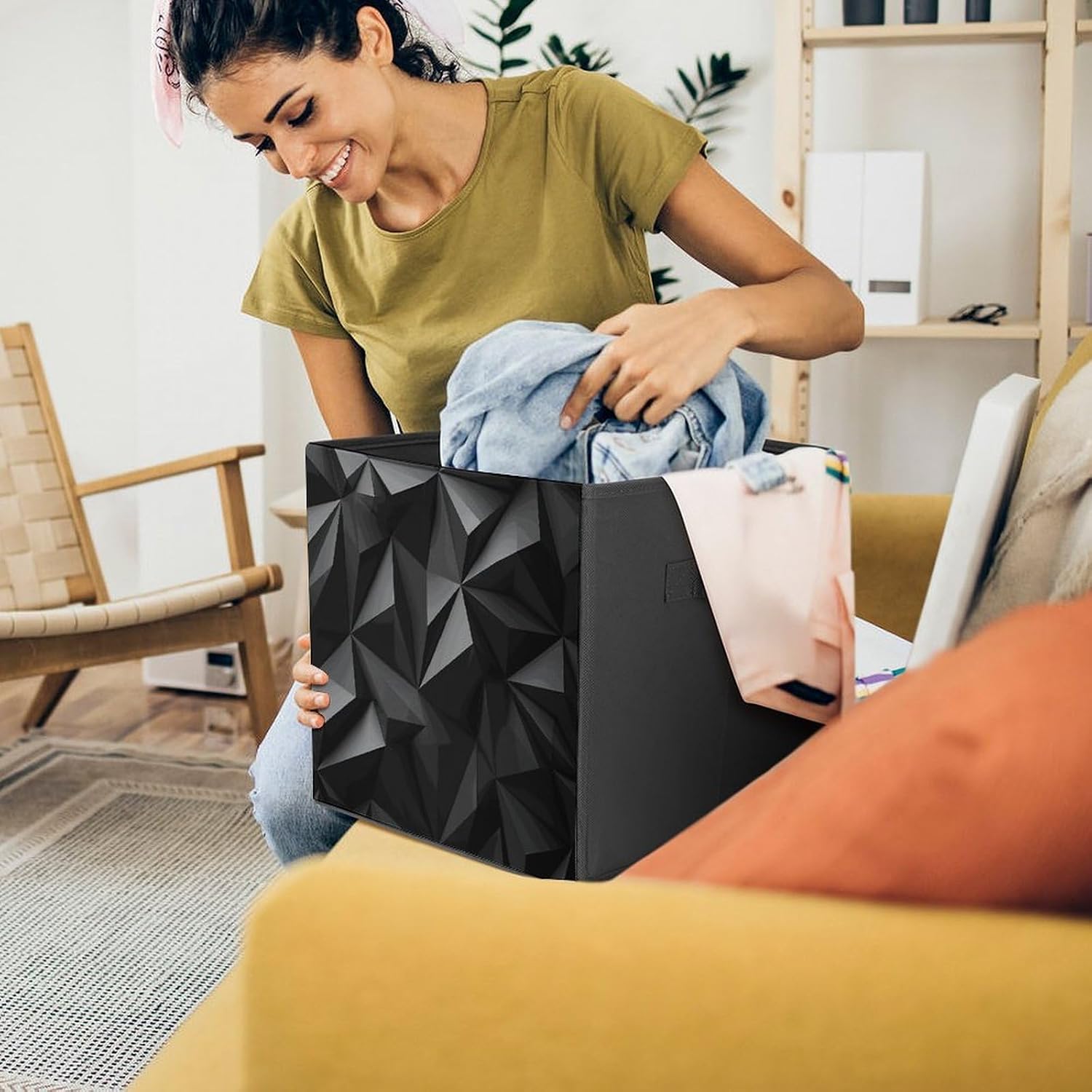 Folding Storage Bins Oxford Fabric Clothes Storage Boxes with Handles | Black Geometric Cube Organizer, Easy to Store, Multi Functional Cube Storage Organizer for Office Bedroom