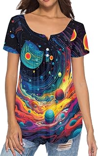 Galaxy Starry Space T Shirt for Women Tunics Top Loose Fit Causal V Neck Button up Swing Plated Blouse,S-4XL