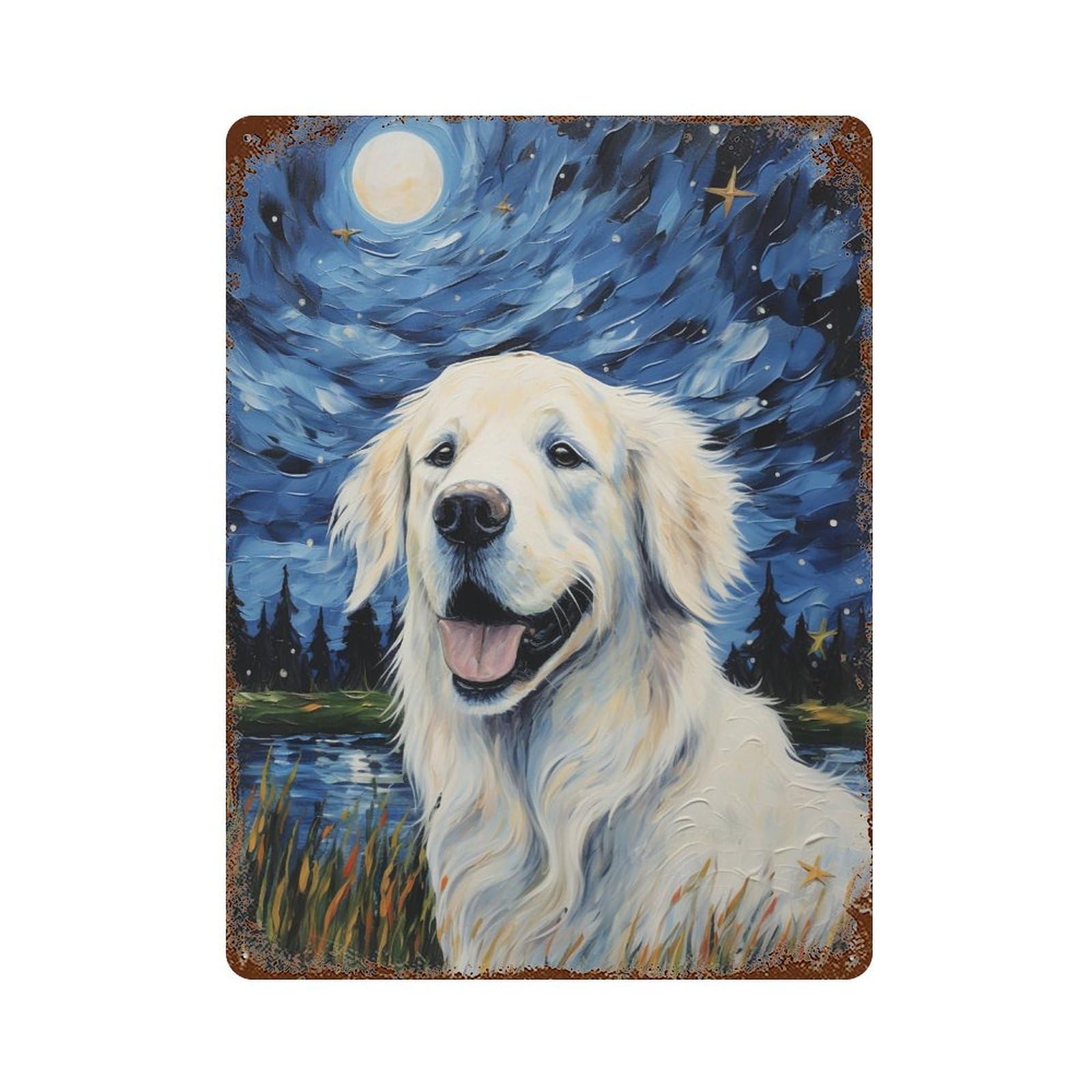 Golden Retriever Night Sky Painting Vintage Rust Metal Sign 15.7"x11.8", Shabby Chic Decor for Living Room, Hallway And Home Decor