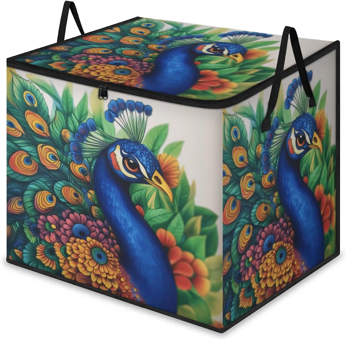 Peacock Feather Large Storage Bags Colorful Flower Foldable Clothes Storage Bins Blanket Organizers Storage Containers with Reinforced Handles for Closet Comforter Pillow Bedding