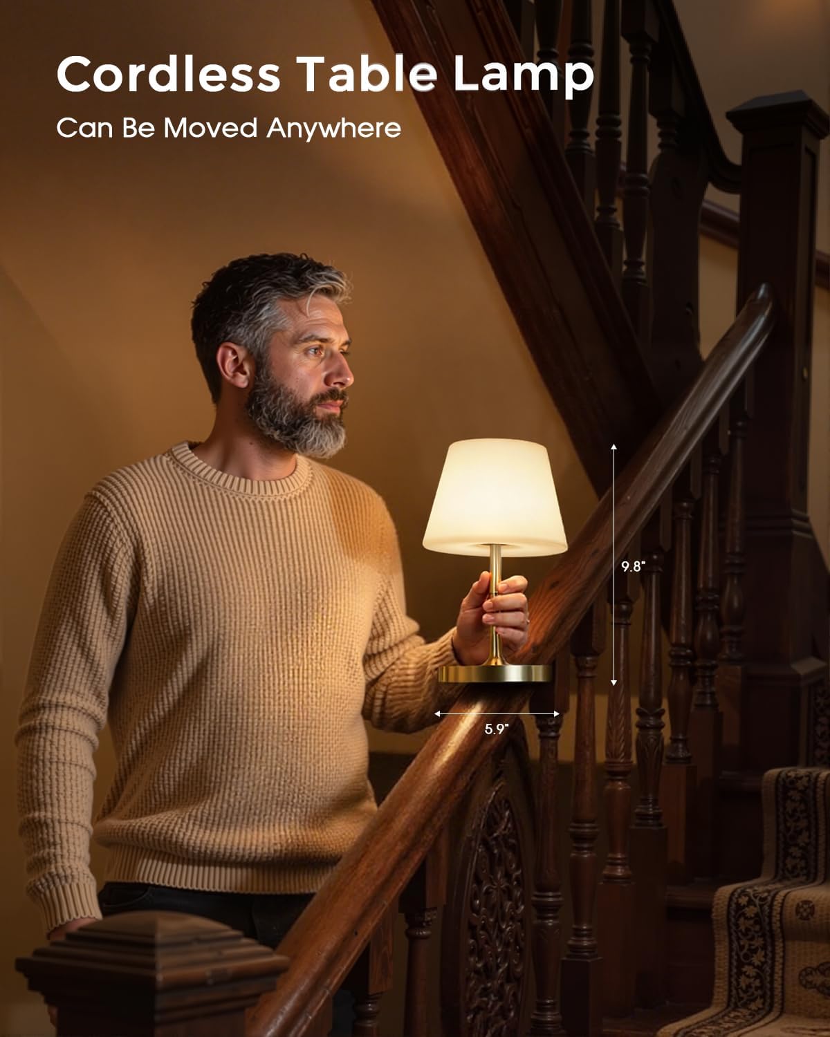 cordless touch table lamp, 4000mah rechargeable small desk lamp with 3 color temperatures & stepless dimming, portable led bedside lamp for bedroom, living room, patio & camping, gold