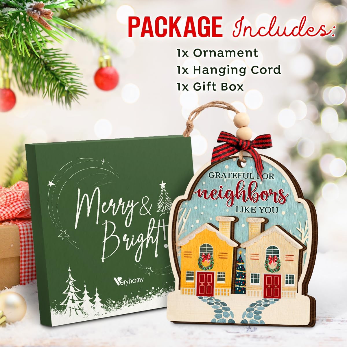 Neighbor Christmas Ornaments 2025 - Thank You Neighbor Gift, Friendship Gifts for Neighbors Friends, Bestie, BFFs - Wooden Friend Ornaments for Women, Men Hanging Christmas Decor - Image 4