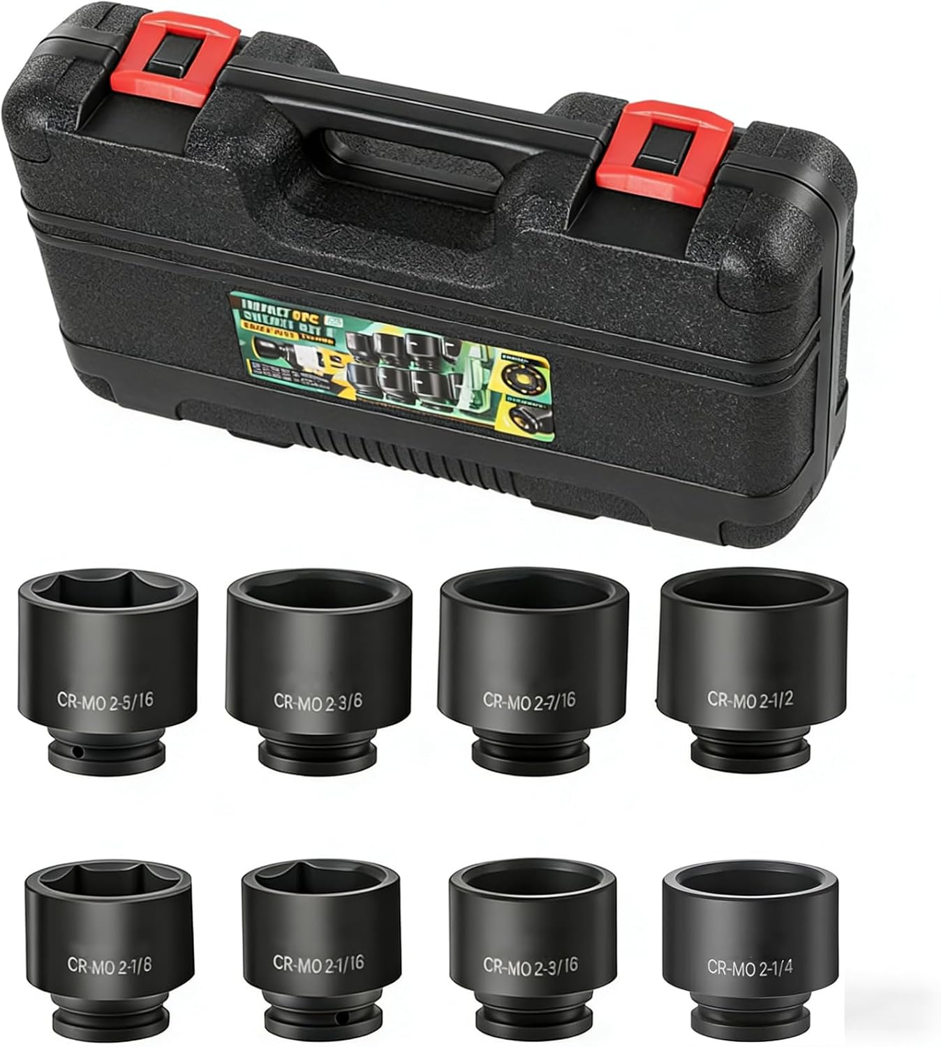 3/4 Inch Drive Impact Jumbo Socket Set,Spindle Axle Nut Impact Socket Set,6-Point,SAE(2-1/16" to 2-1/2"),8 Pcs,Cr-MO Steel,With a Storage Case