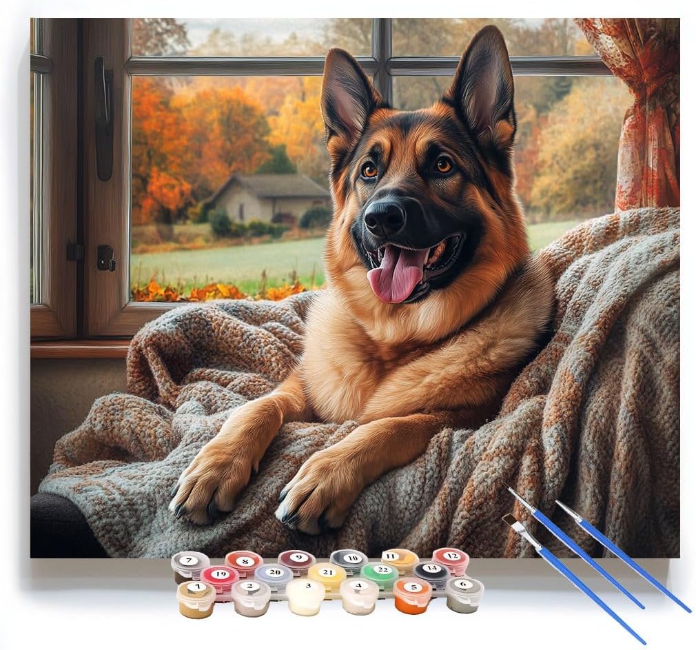 XCJFGO German Shepherd Easy Paint by Numbers Kit for Adults Beginner, Cute Dog Adult Paint by Number Kits on Canvas, Acrylic Simple Oil Paint by Number Kits for Home Wall Decor 16" W x 20" L